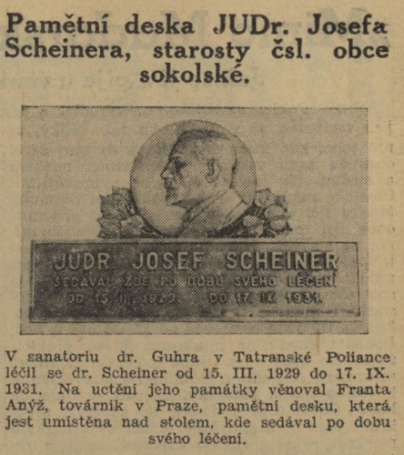 Pamätná tabuľa Dr. Josefa Scheinera na stene jedálne v Tatranskej Polianke 1934